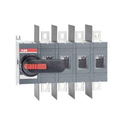 Električni stikalo z rdečim ročajem in sivim ohišjem, v položaju 'Vključeno'. Idealno primerno za nadzor električnih tokokrogov.