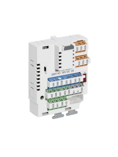Klemski modul z večimi barvno označenimi priključki za električne povezave, belo ohišje, napis '250V AC 30V DC 2A'.
