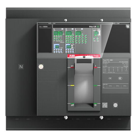 'Električni odklopnik s krmilnimi elementi in kazalniki za napetost ter tok, model Tmax podjetja ABB, serijska številka vidna.'