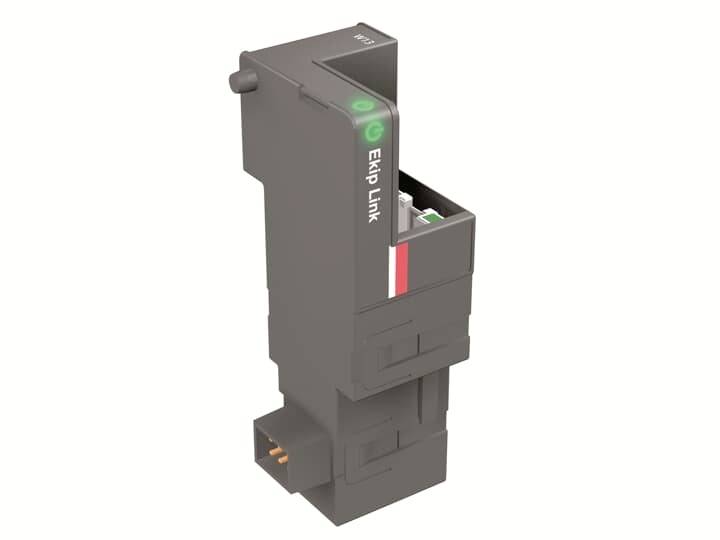 Črn električni Ekip Link adapter z zeleno lučjo na vrhu, uporabljen za komunikacijo v električnih sistemih.