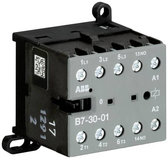 Električni kontaktor znamke ABB, model B7-30-01, z več priključki in serijskimi oznakami na sprednji strani.