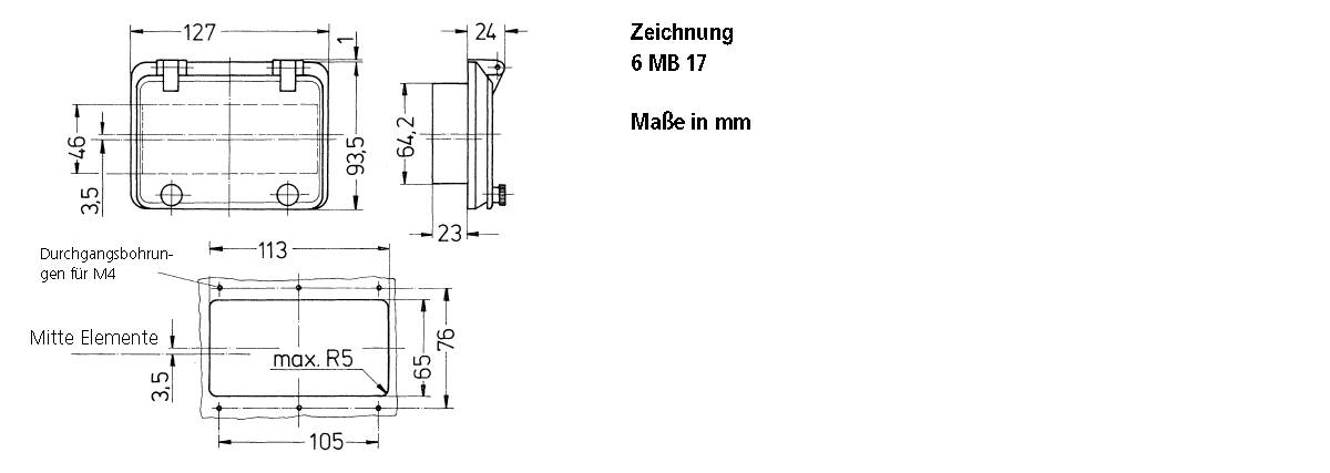 'Tehnična risba pravokotnega objekta z merami v milimetrih. Zgoraj: širina 127 mm, globina: 24 mm, višina: 94,5 mm. Podrobnosti luknje M4.'