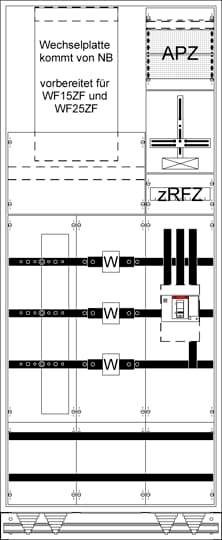 Shematski prikaz razdelilne omarice z napisi: "Izmenjalna plošča prihaja iz NB", "pripravljeno za WF15ZF in WF25ZF", APZ, zREZ.