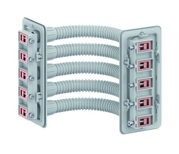 Kabelski vodilni sistem z več valovitimi cevmi in pravokotnimi priključki. Primeren za kabelske napeljave in instalacije.