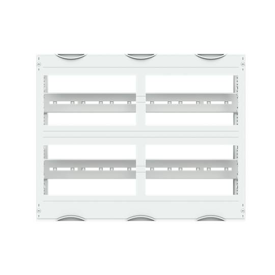Bel modularen razdelilnik z odprtimi nosilnimi elementi za električne inštalacije, primeren za štiri vrste komponent.