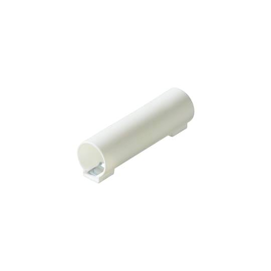 Bel, valjast predmet, ki je verjetno adapter ali električna komponenta, leži na beli podlagi.