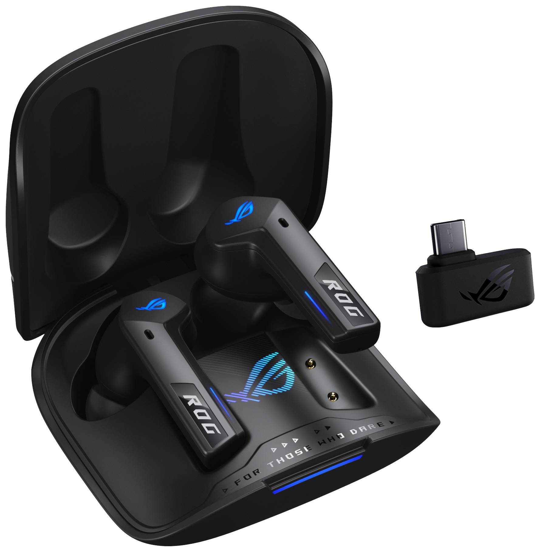 Brezžične črne slušalke v polnilnem etuiju z USB-C adapterjem, ROG logotip je viden.