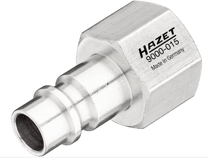 Srebrn kovinski adapter z napisom 'Hazet 9000-015 Made in Germany'.