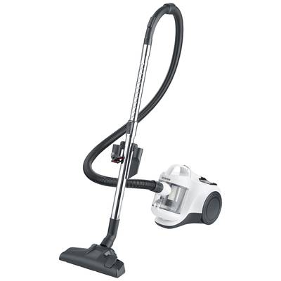 Bel, kompakten sesalnik s črno cevjo in krtačo. Sesalnik stoji na kolesih in ima ergonomsko ročico.