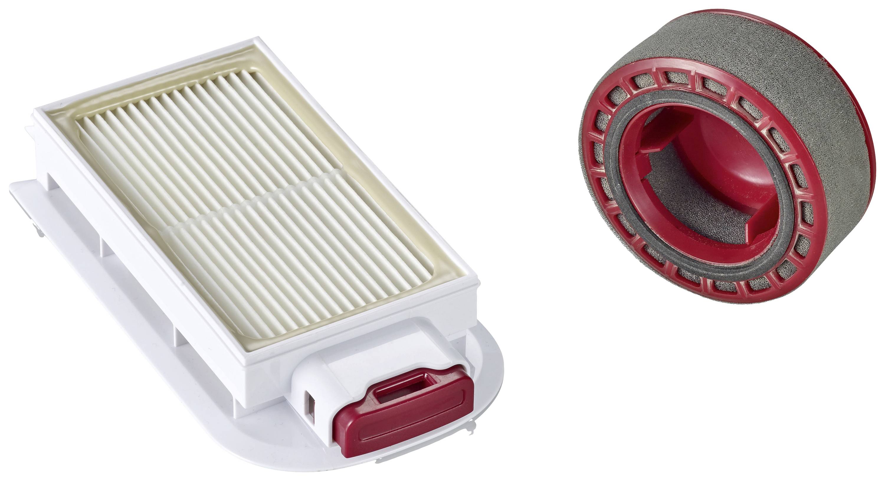 Levo je pravokoten, bel filter z rdečimi poudarki; desno je okrogel, siv in rdeč gobasti filter.