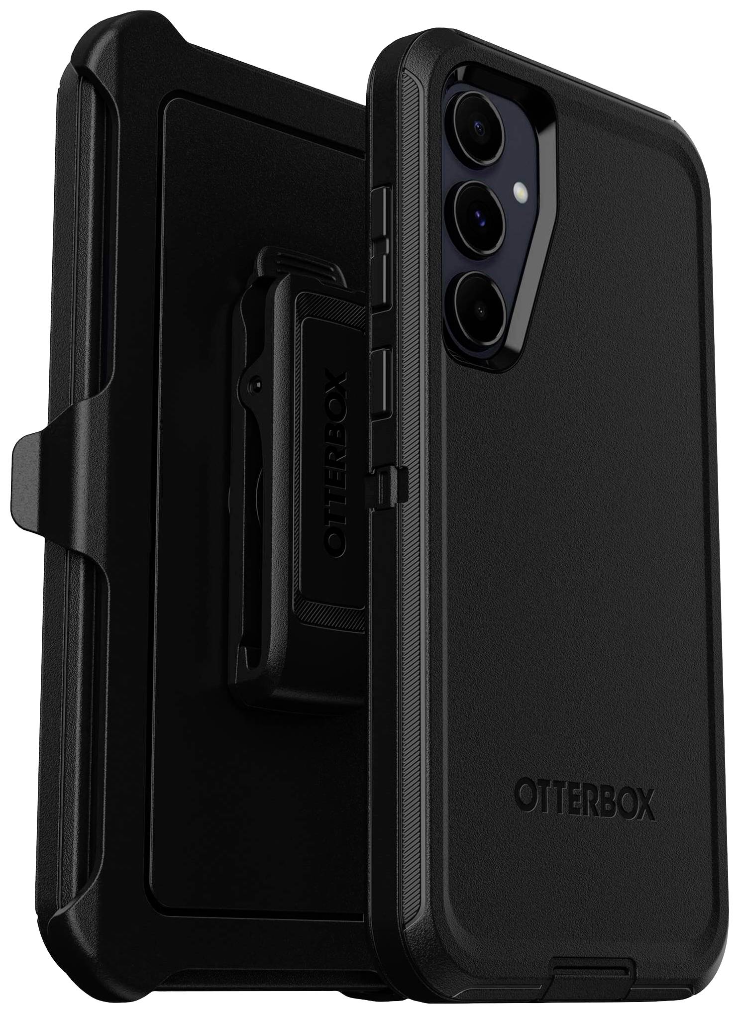 Črn, robusten mobilni ovitek znamke Otterbox z pasom za pritrditev in izrezom za kamero, primeren za zaščito pametnega telefona.