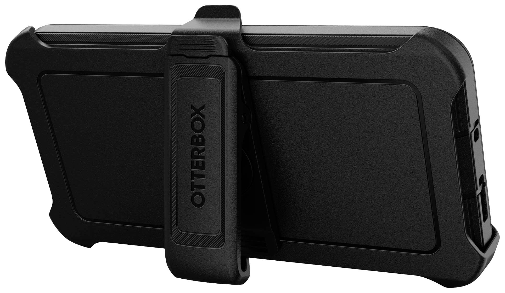 Črn mobilni zaščitni ovitek znamke OtterBox z robustno zasnovo in vgrajenim sponkastim držalom za horizontalno postavitev naprave.