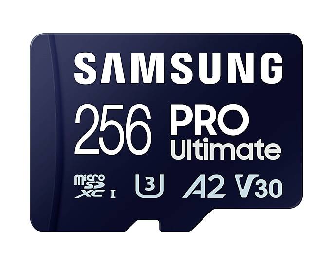 Samsung microSD kartica, 256 GB, PRO Ultimate, hitrostni razred U3, A2, V30, za visoko zmogljivost in hitri prenos podatkov.