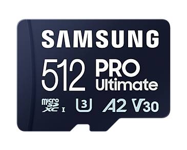 'Samsung 512 GB PRO Ultimate microSDXC pomnilniška kartica, U3, A2, V30. Črna z belo pisavo.'