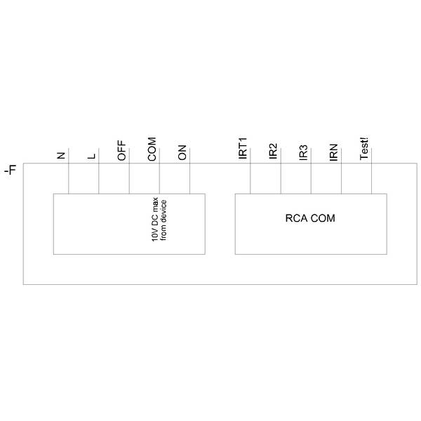 Diagram prikazuje električno vezje s priključki: 'N', 'L', 'OFF', 'COM', 'ON', 'IRT1', 'IR2', 'IR3', 'IRN' in 'Test'.