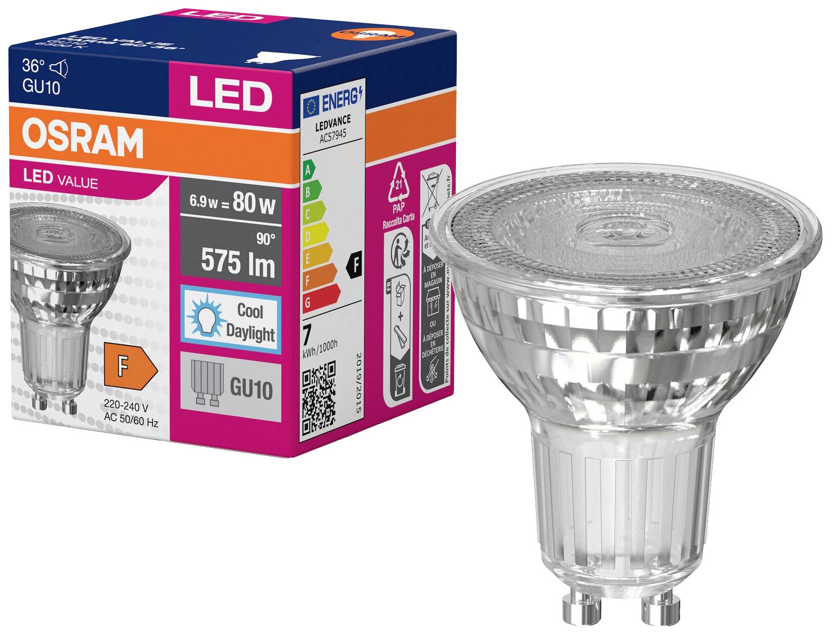 LED-žarnica znamke Osram, 575 lumnov, 6,9 W, dnevna svetloba 6500K. Energijski razred F, vtičnica GU10, prikazana zraven embalaže.