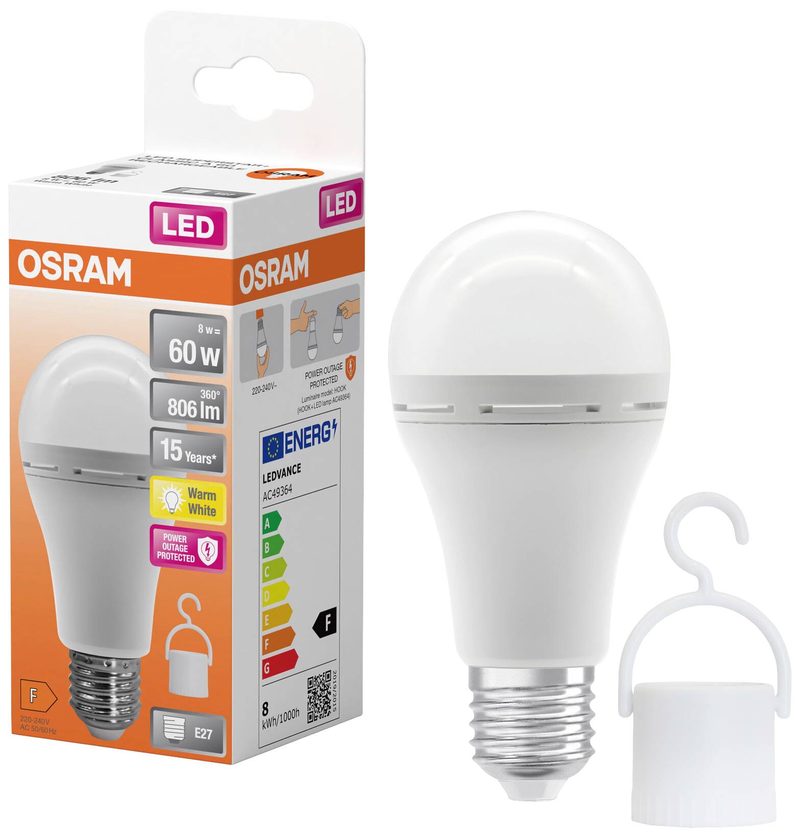 LED-žarnica Osram z grlom E27, 806 lumnov, toplo bela. Na embalaži so navedeni podatki o energijski učinkovitosti in življenjski dobi 15 let.