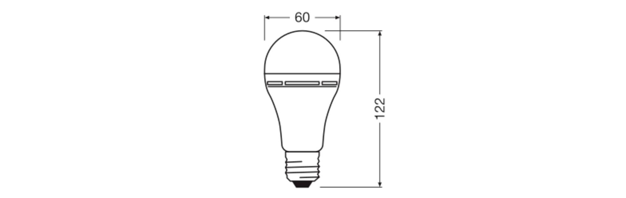 Diagram žarnice z merami: višina 122 mm, širina 60 mm, vključno s podstavkom.