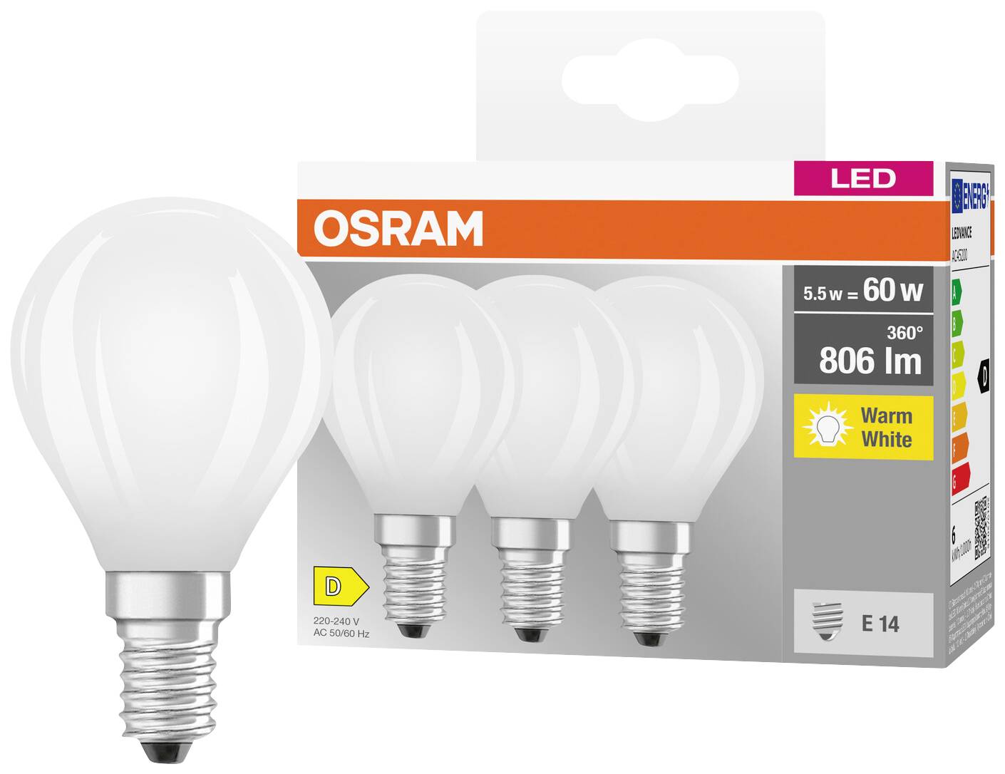 Štiri LED-žarnice OSRAM, vsaka 5,5 W z 806 lm, nadomestilo za 60 W. Energijski razred D, toplo bela svetloba, podnožje E14. Embalaža prikazana.