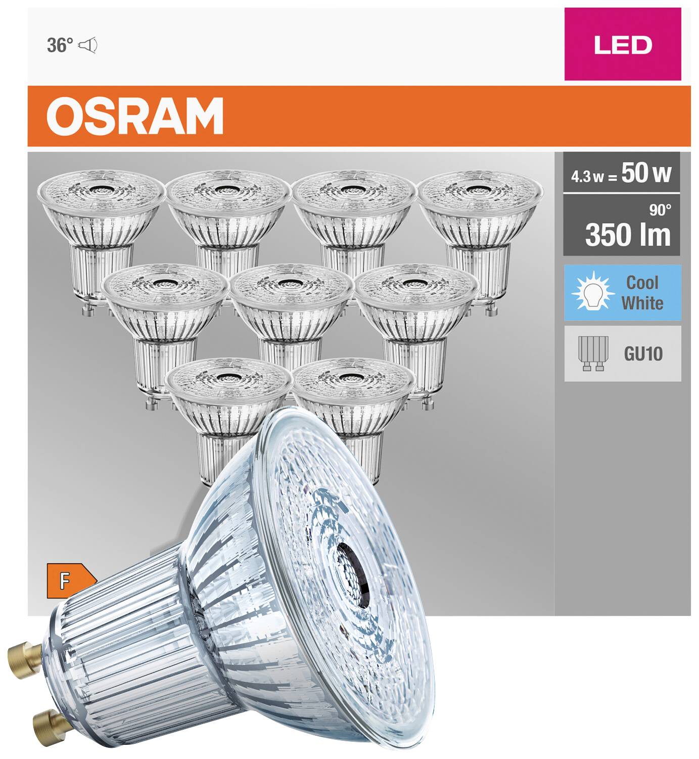 LED-žarnica znamke OSRAM, 4,3 W = 50 W, 350 lumnov, kot svetenja 90°, barva svetlobe 'hladno bela', podnožje GU10, energijsko varčna.