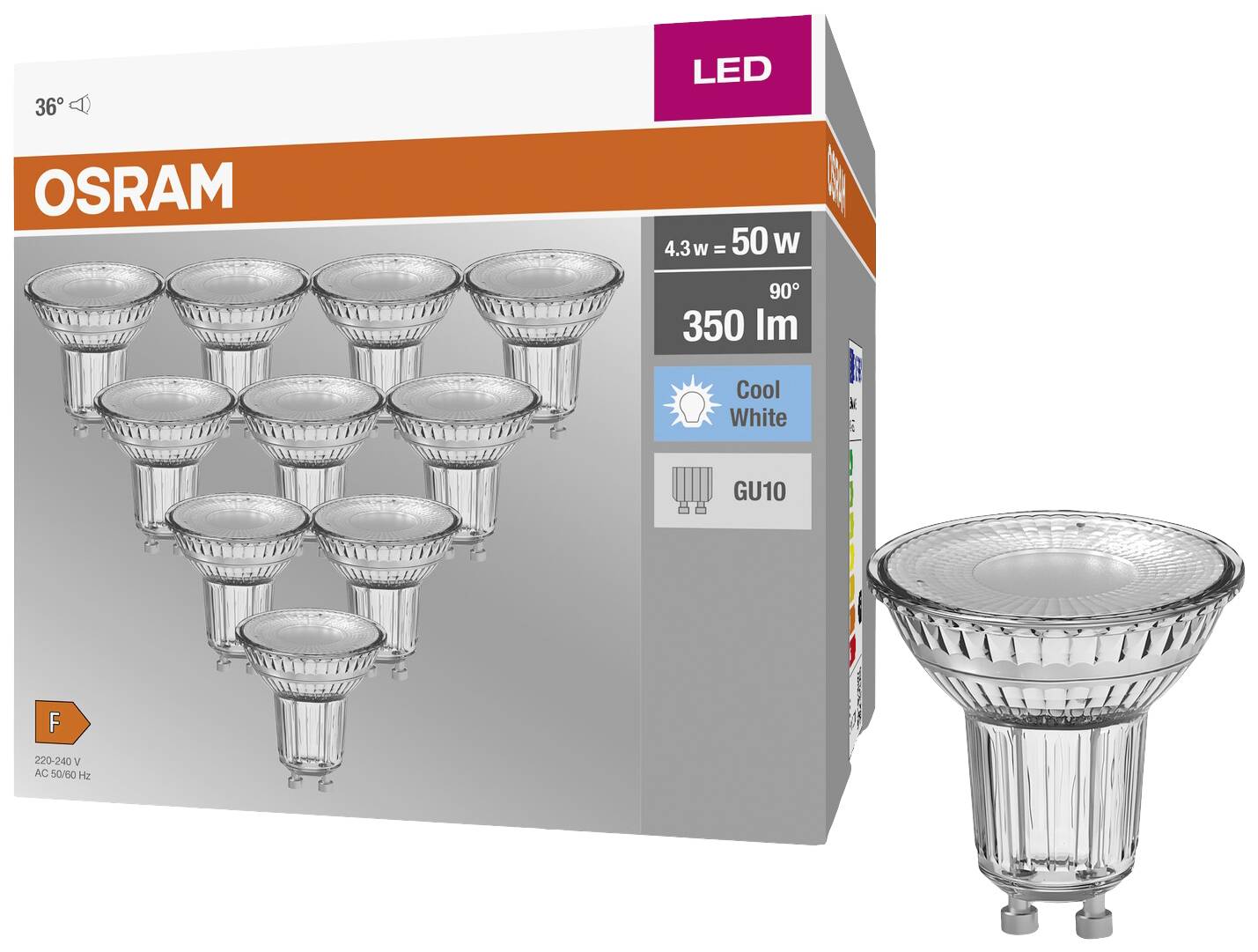 LED žarnice GU10, 4,3 W, 350 lumnov, kot sevanja 90°, hladno bela, energijski razred F. Pakiranje prikazuje 10 kosov.
