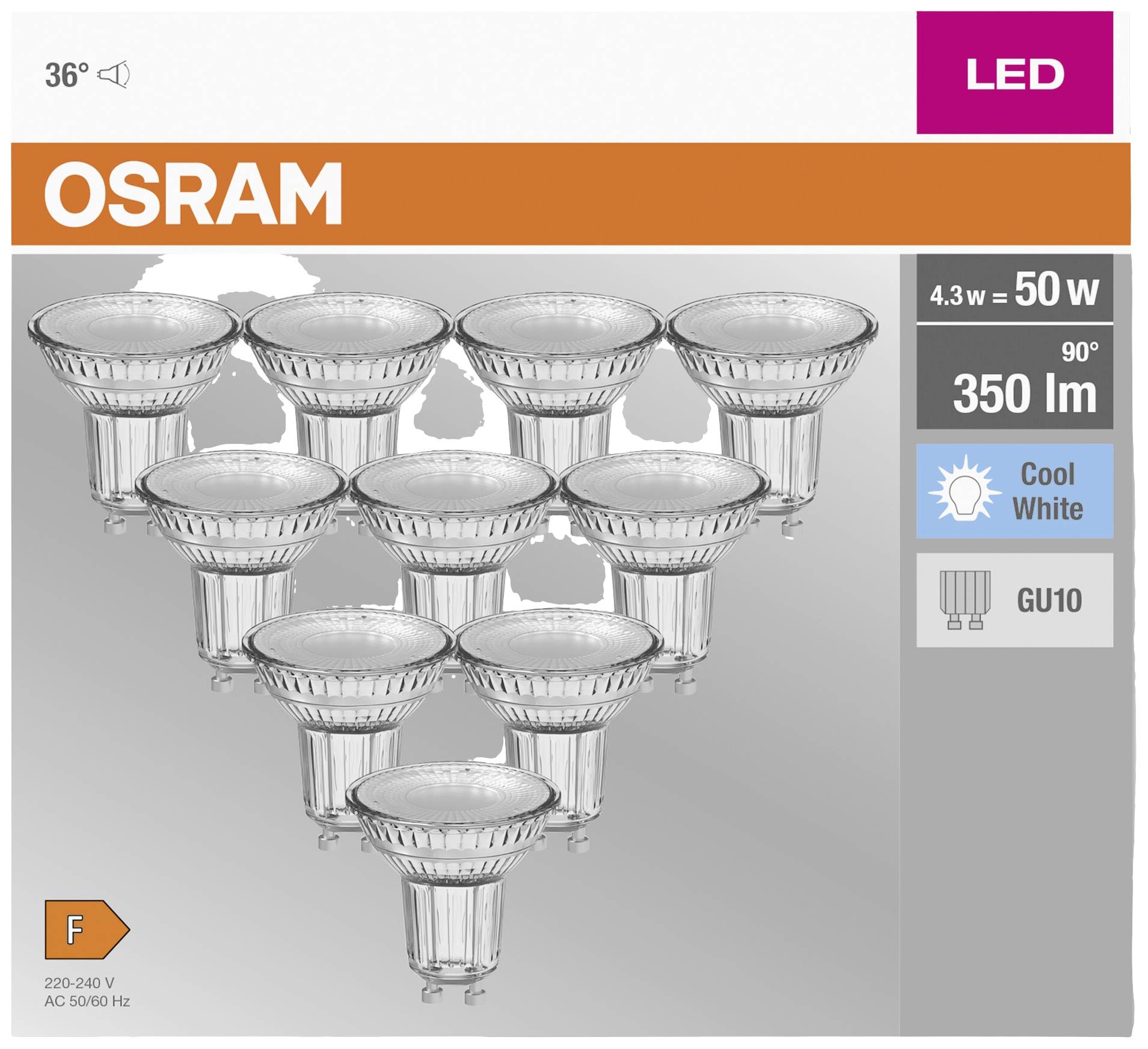 Osram LED-spots, 4,3 W = 50 W, 350 lm, hladna bela, GU10, energijski razred F, paket 10 kosov. Prikaz desetih LED-žarnic.