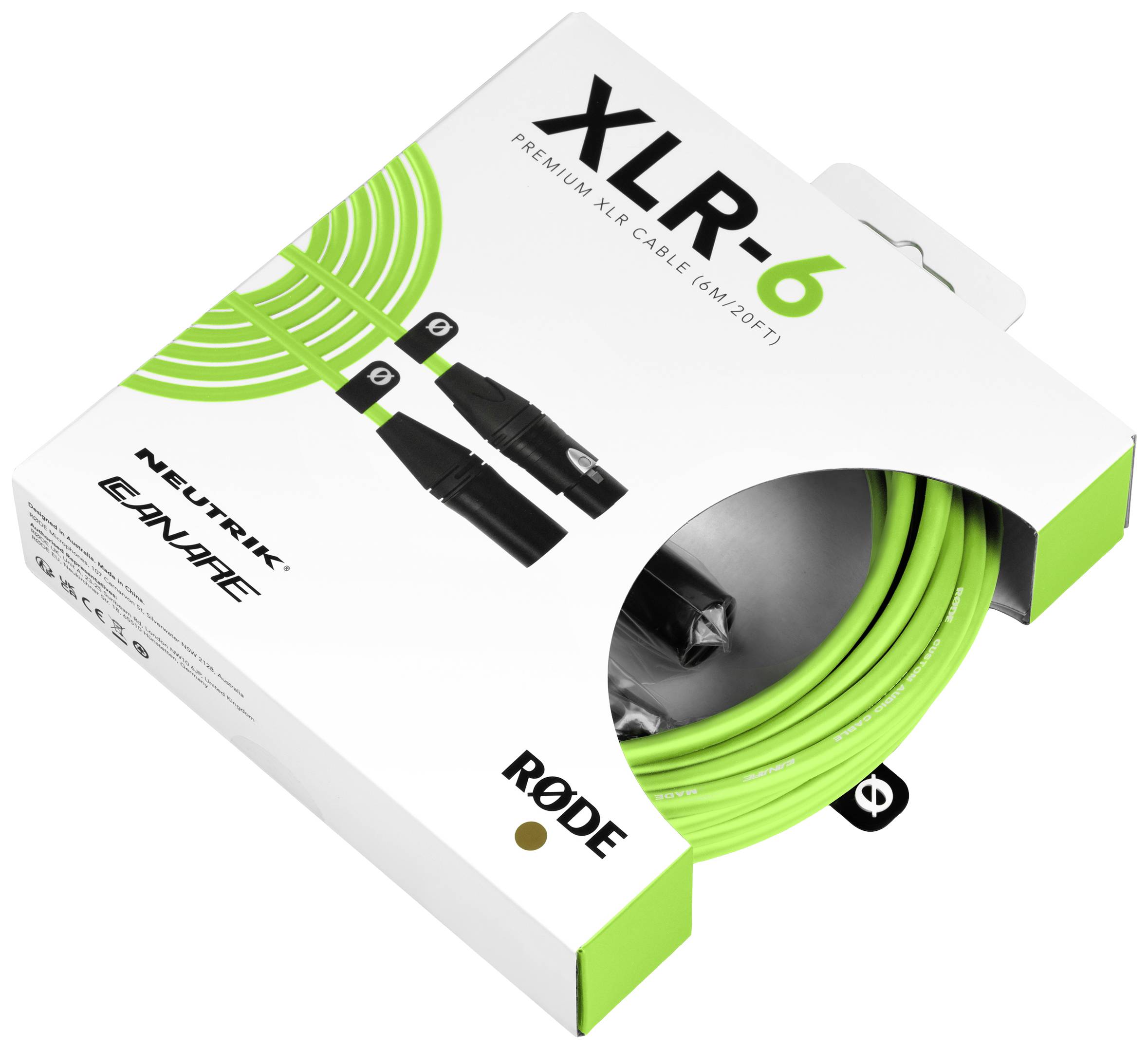 Embalaža zelenega XLR-kabla, nalepka z napisoma 'XLR-6' in 'RØDE', prikazuje kabel in vtikače, premium kakovost, dolžina 6 m.