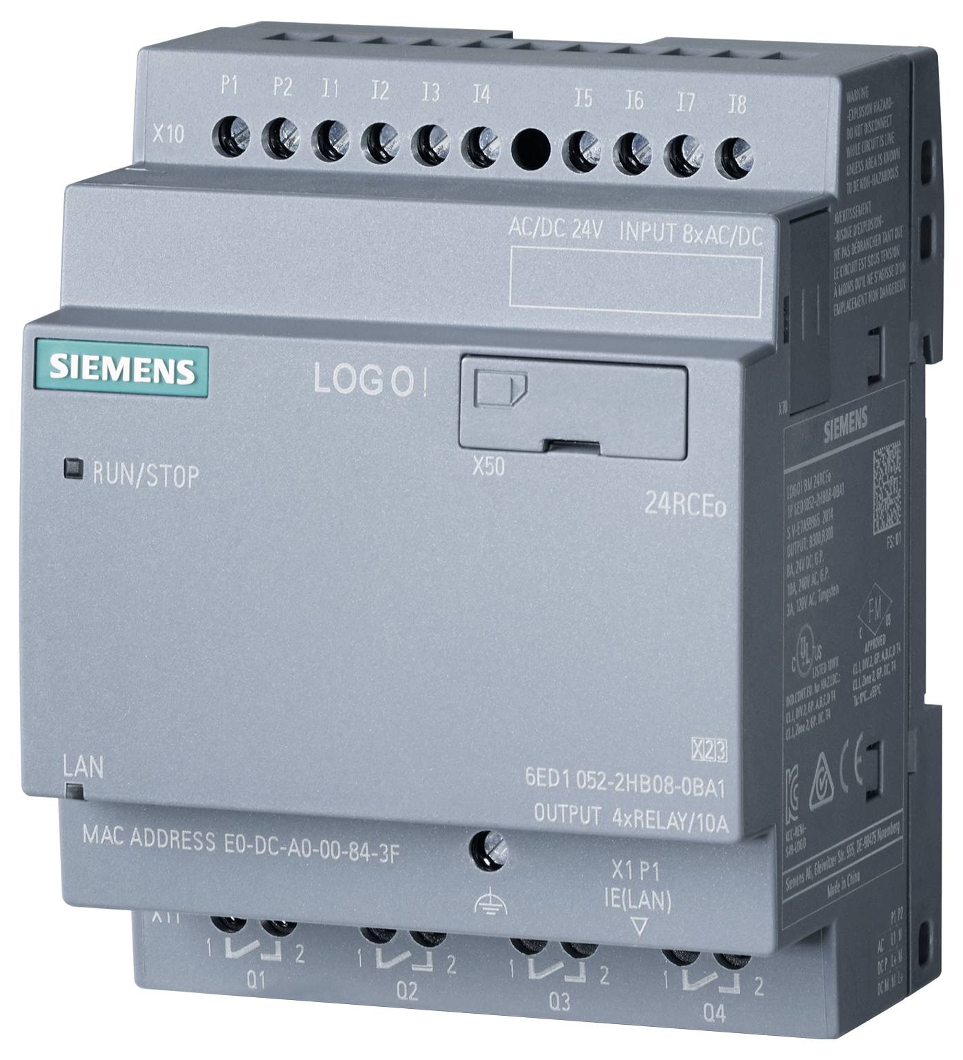 Programljiva krmilna enota Siemens z zaslonom, ki prikazuje 'LOGO! Cloud: connected!'. Vsebuje priključke in tipke.