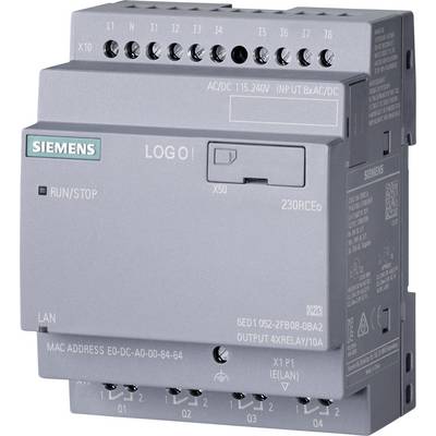 Siemensov LOGO! programljivi logični krmilnik, ki prikazuje priključke za povezave in je označen za različne vhodne in izhodne funkcije.
