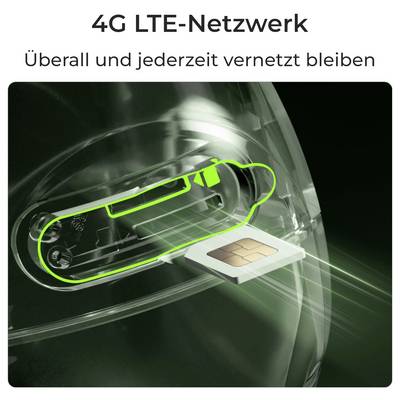 SIM kartica, ki se vstavi v napravo z oznako '4G LTE-omrežje', poudarja zmogljivosti povezljivosti. Nemško besedilo nakazuje, da lahko ostanete povezani povsod in kadar koli.