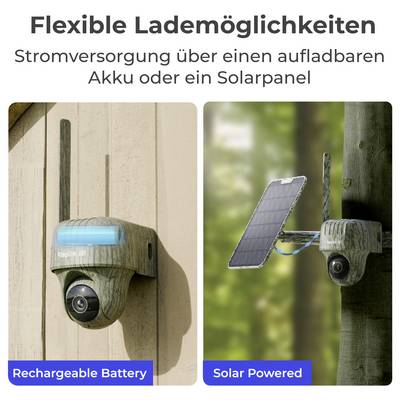Varnostna kamera s fleksibilnimi možnostmi polnjenja: 'Polnilna baterija' na levi in 'Napajanje s sončno energijo' na desni.