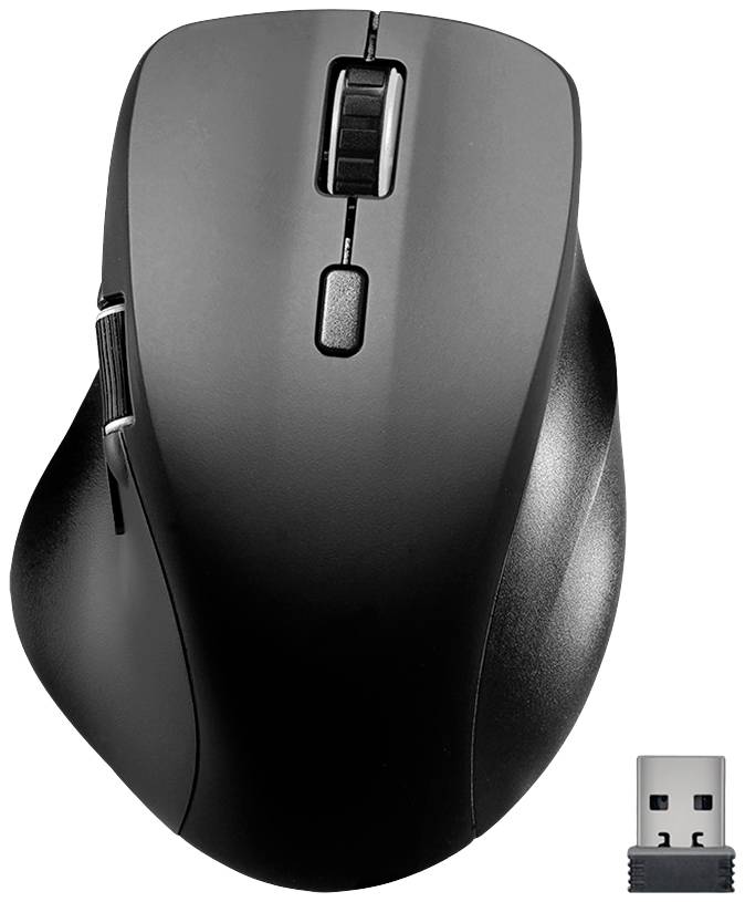 Brezžična črna računalniška miška z USB sprejemnikom, ergonomsko oblikovana s tremi gumbi in drsnim koleščkom.