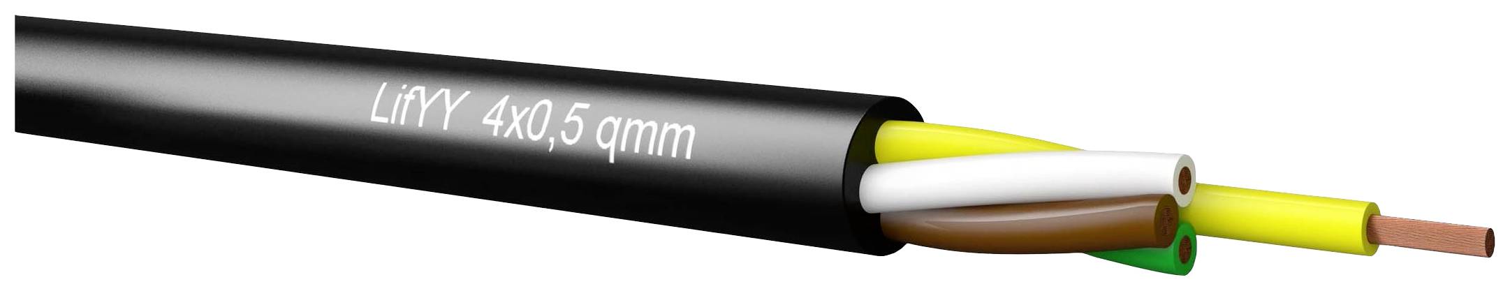 Električni kabel s črnim plaščem. Vsebuje štiri barvne žile: zeleno/rumeno, rjavo, belo, rumeno. Napis: 'LiYY 4x0,5 qmm'.