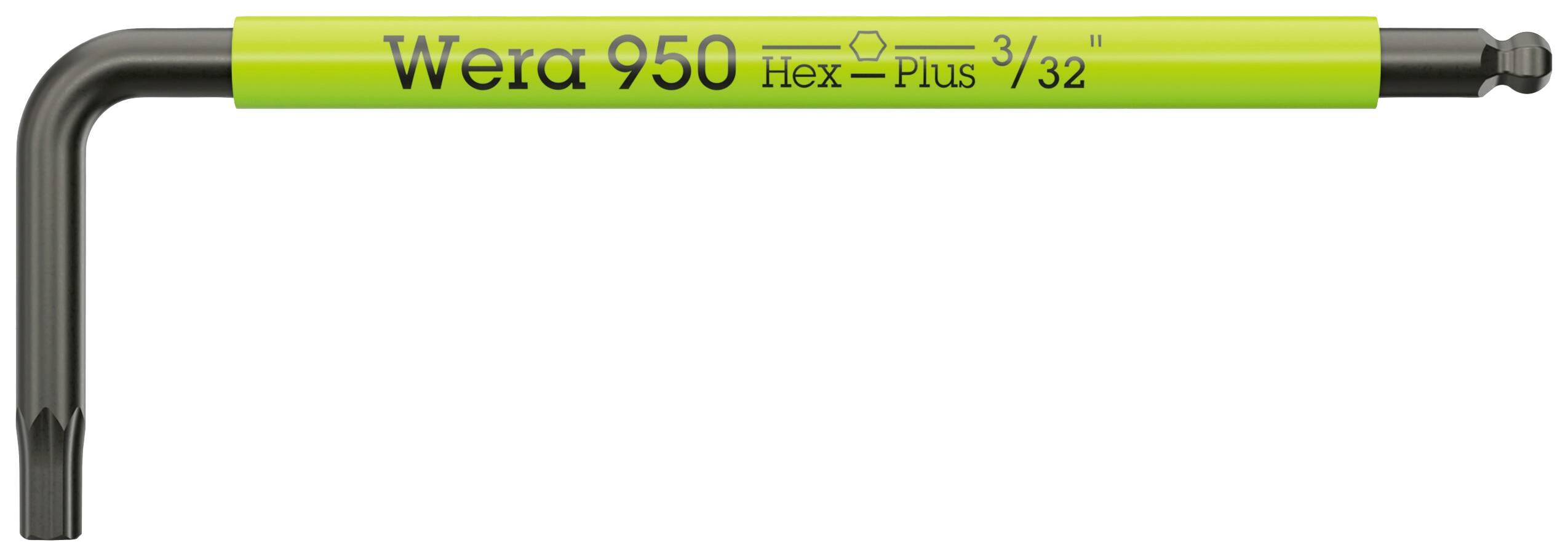 L-oblikovni imbus ključ zeleno-črne barve z napisom 'Wera 950 Hex-Plus 3/32"' na ročaju.