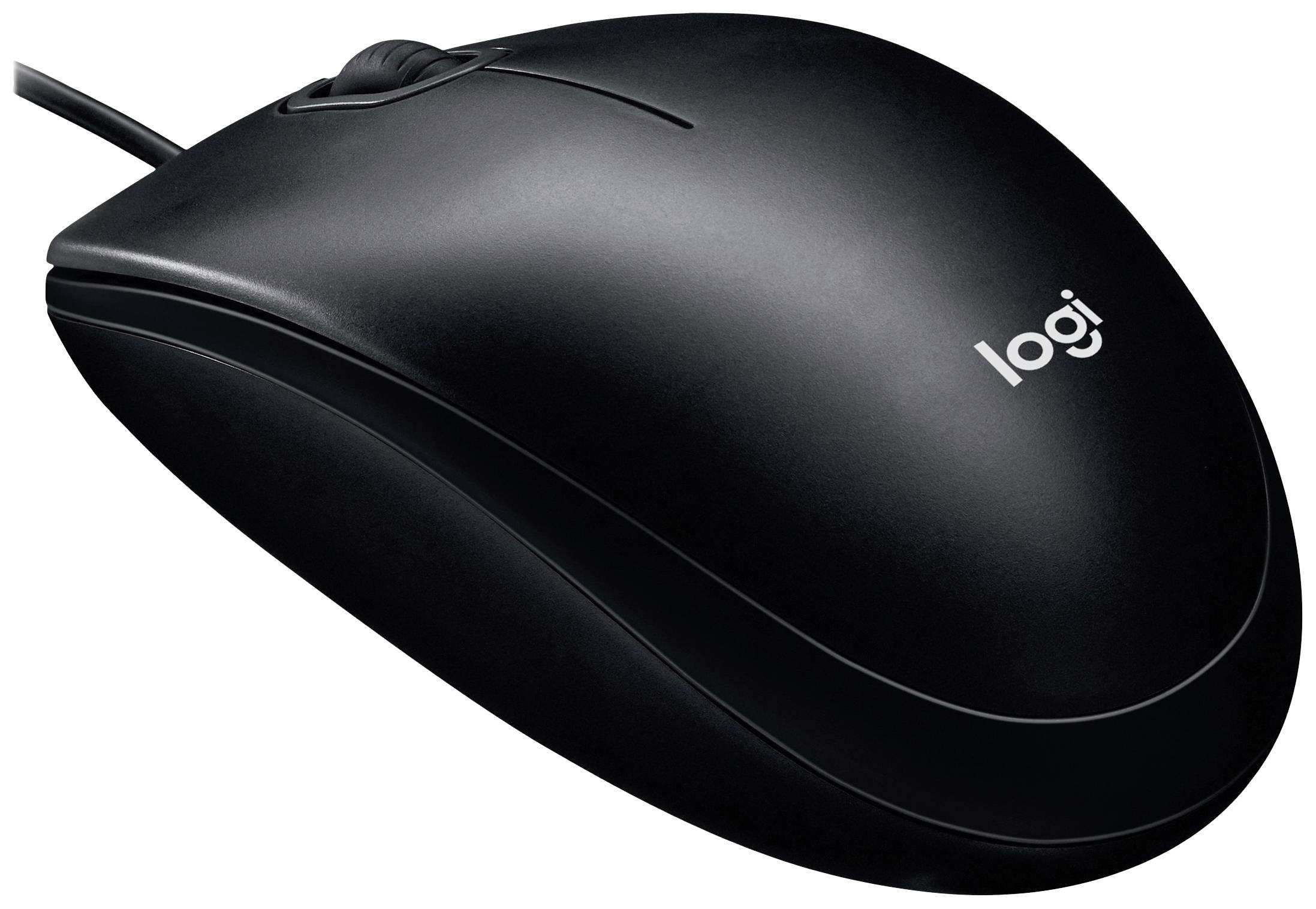 Črna računalniška miška s kablom, belo napisano logo 'logi' na zgornji strani, ergonomske oblike. Idealna za pisarniško in domačo uporabo.