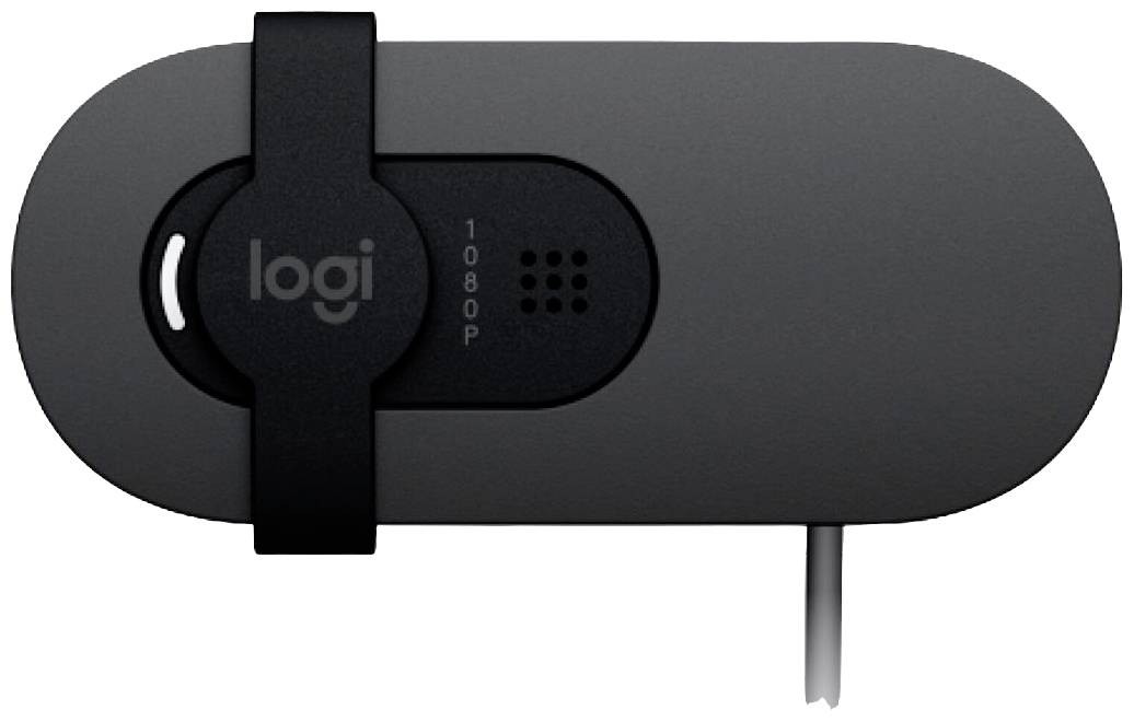 Temno siva spletna kamera, posneta od zgoraj, z logotipom 'logi', črnimi detajli in oznako 1080p.