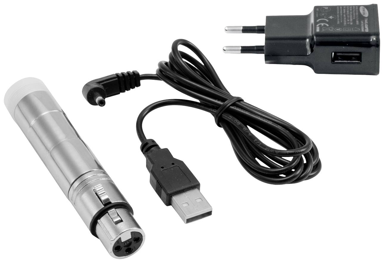 Električna naprava z USB-priključnim kablom in omrežnim adapterjem, najverjetneje polnilec. Spremlja jo kratek valj z več priključki.