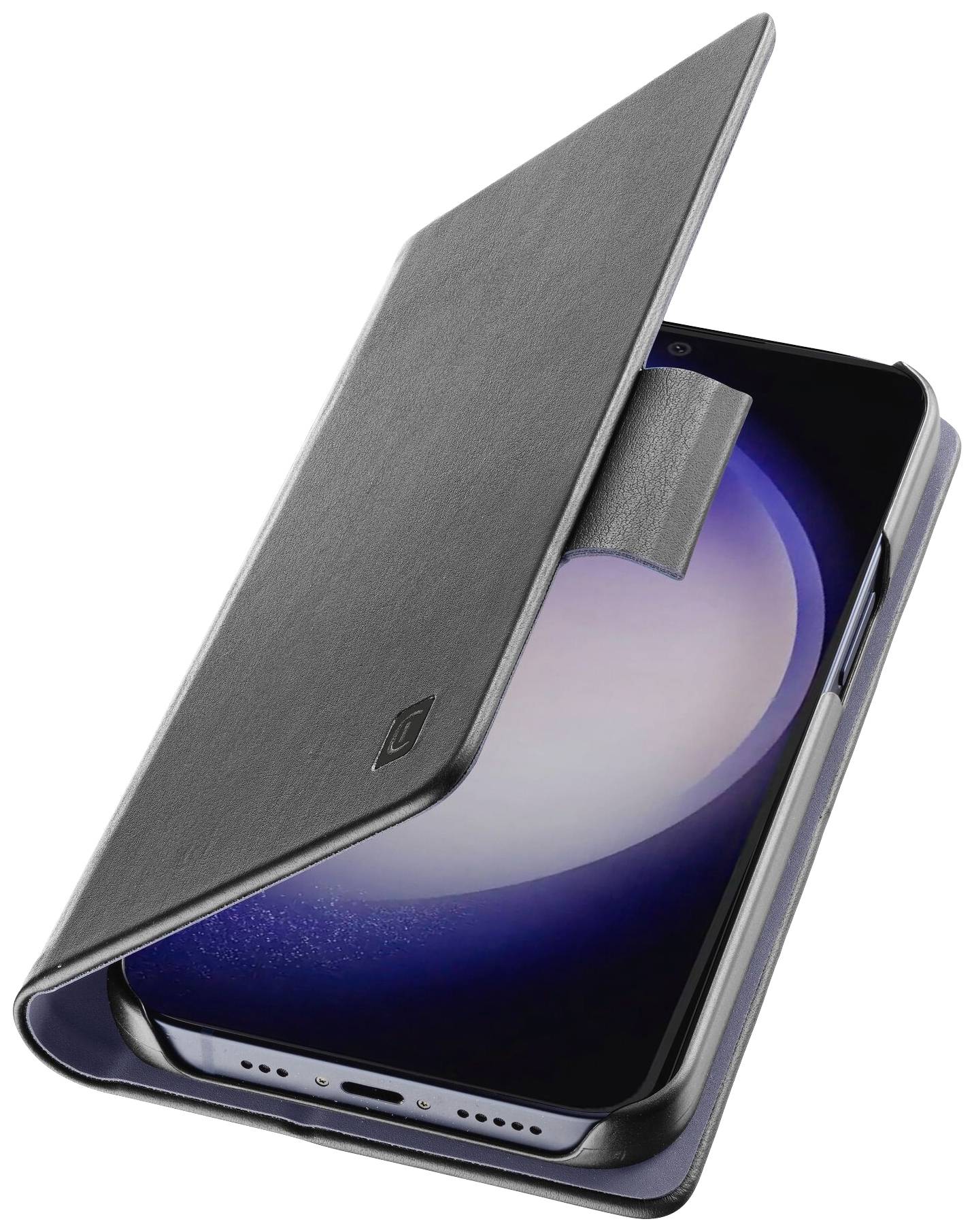 Pametni telefon v črnem zložljivem ovitku, ki delno pokriva zaslon.