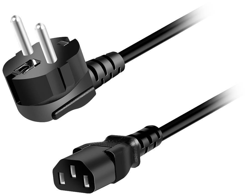 Črni mrežni kabel s Schuko vtičem in C13 vtičem, primeren za priključitev naprav na električno napajanje.