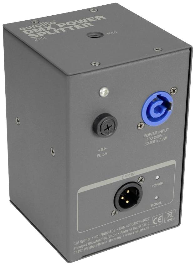 Črna DMX-razdelilna naprava s modro in črno vtičnico ter napisom "Power Input". Spredaj so vidne LED-lučke za napajanje in signal.