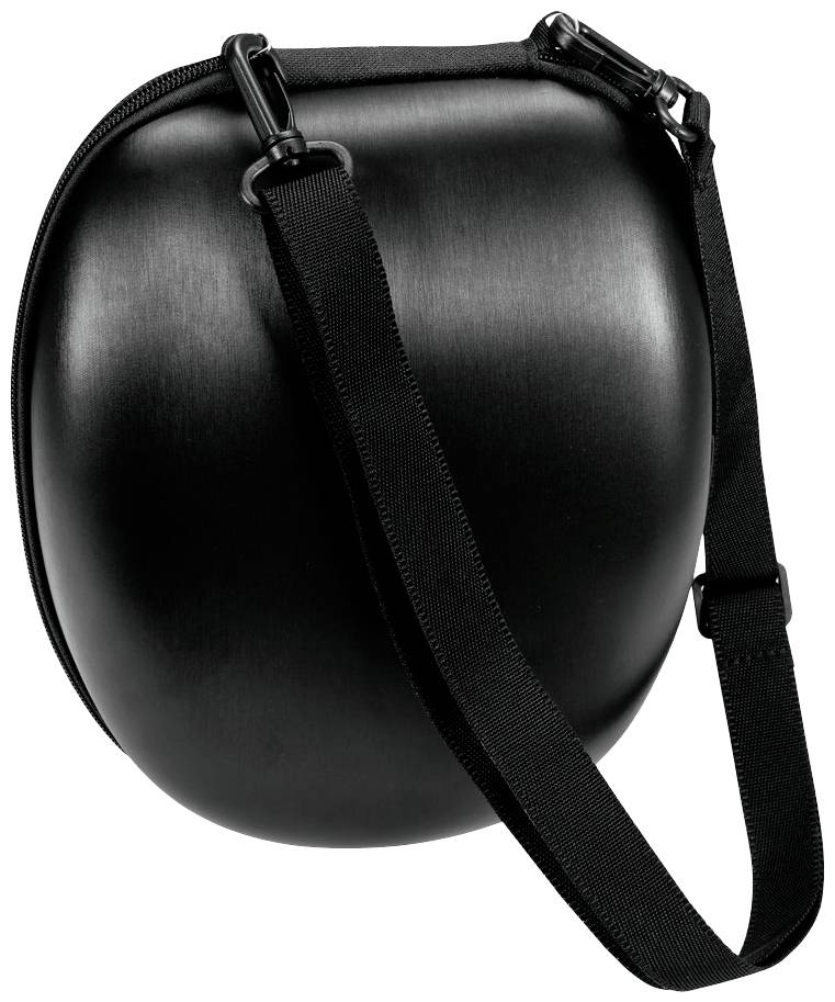 Črna ovalna trda torba z nastavljivo naramnico, primerna za varno prenašanje občutljivih naprav ali slušalk.