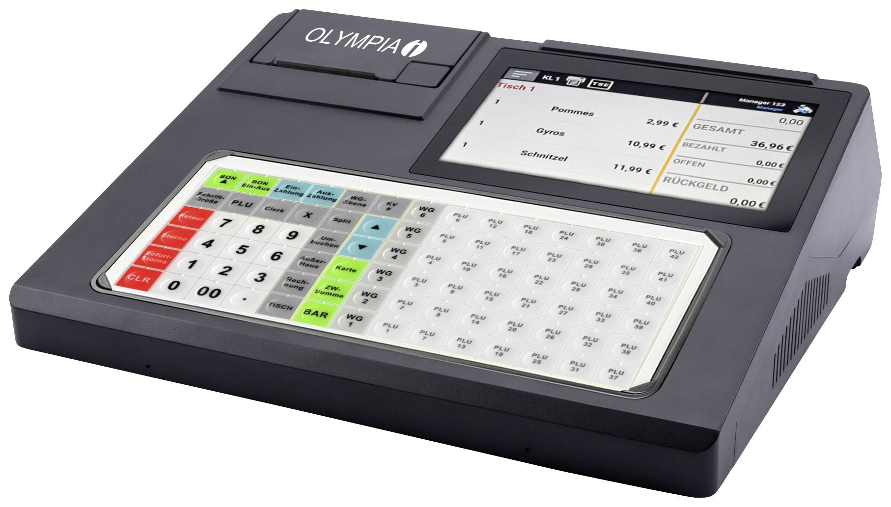 Elektronska registrska blagajna z zaslonom. Prikazuje podrobnosti transakcij, vključno s cenami artiklov in skupnim zneskom. Tipkovnica za vnos.