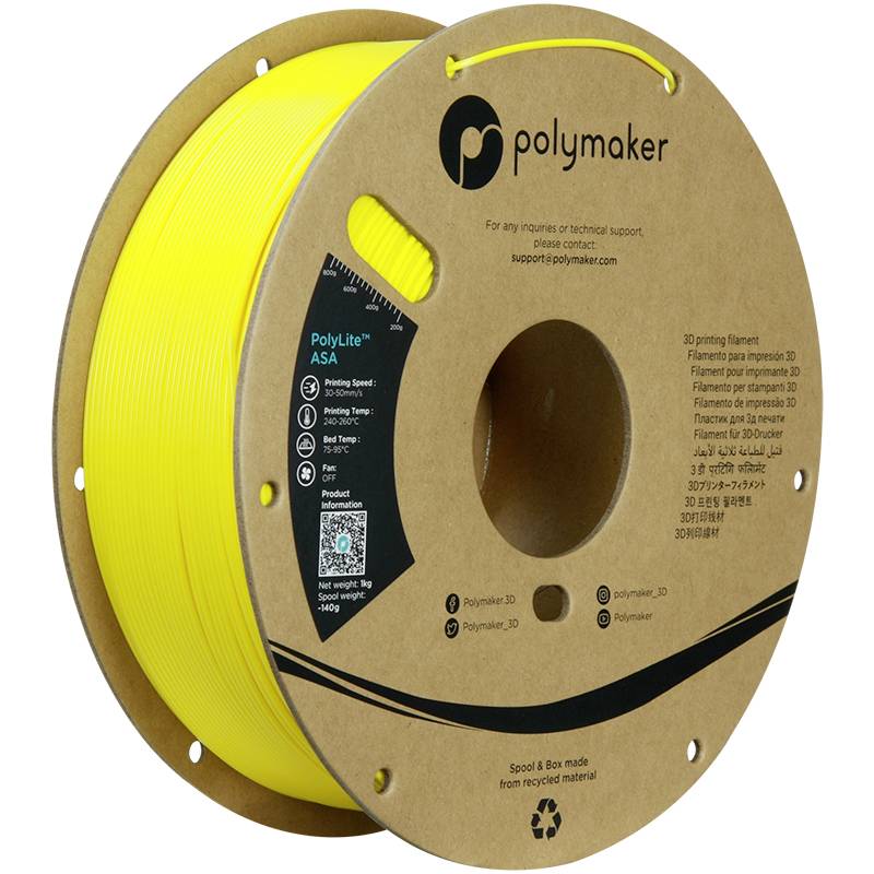 Rumena žica iz ASA plastike znamke Polymaker. Embalaža je izdelana iz recikliranega materiala. Primerno za 3D tiskanje.