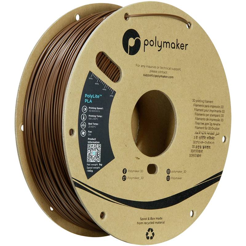Rjava kolutica Polylite PLA 3D-tisknega filamenta podjetja Polymaker z opredeljenimi specifikacijami izdelka in kontaktnimi podatki na embalaži.