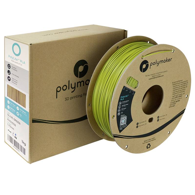 Prikazana je tuljava z zelenim PLA 3D-tiskalnim filamentom znamke Polymaker z original embalažo.