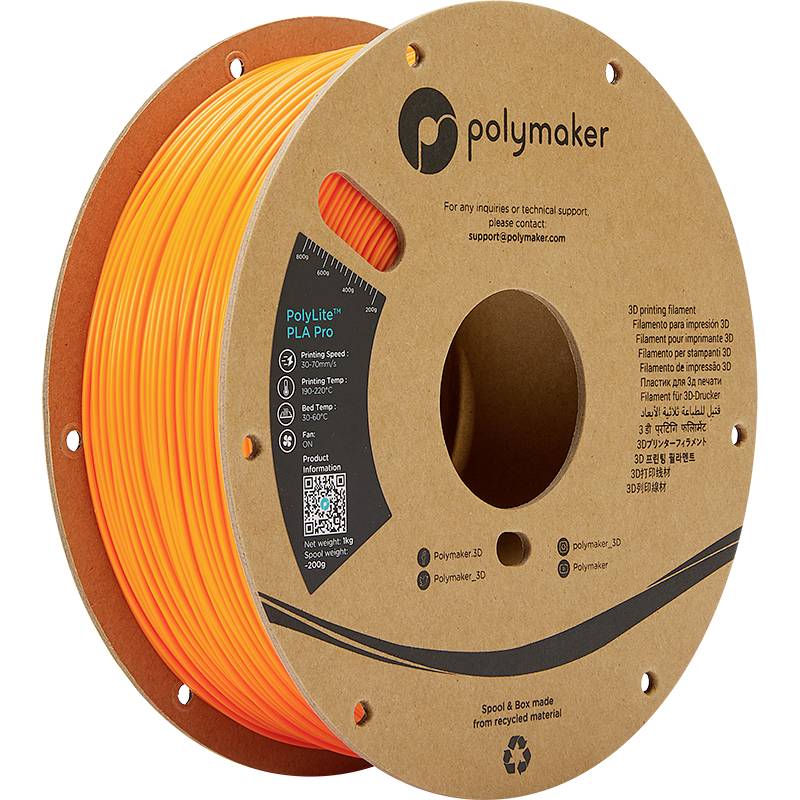 Oranžna 3D-tiskovna nitka znamke Polymaker, model 'PolyLite PLA Pro', primerna za različne tipe tiskalnikov.