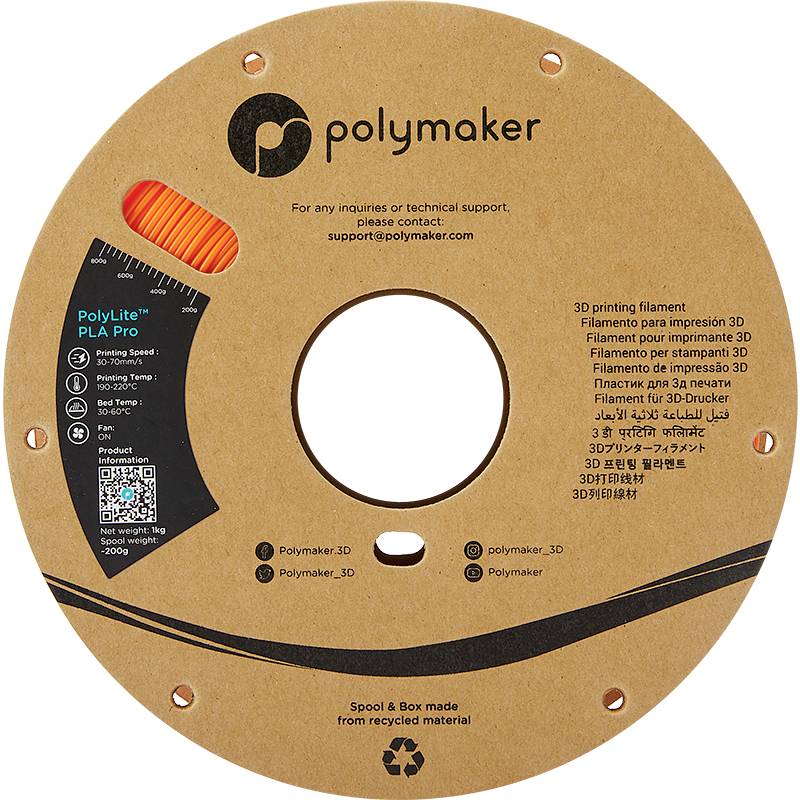 Okrogla rjava tuljava z oranžnim 3D-tiskalnim filamentom. Napis 'PolyLite PLA Pro'. Blagovna znamka 'Polymaker'. Kontaktni e-naslov za podporo: support@polymaker.com.