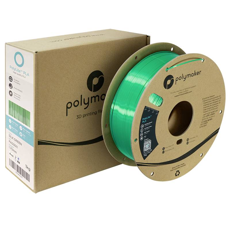 Zeleni filament za 3D-tiskalnike znamke Polymaker, zapakiran in navit na tuljavo. Embalaža prikazuje napis 'Polymaker 3D printing filament'.