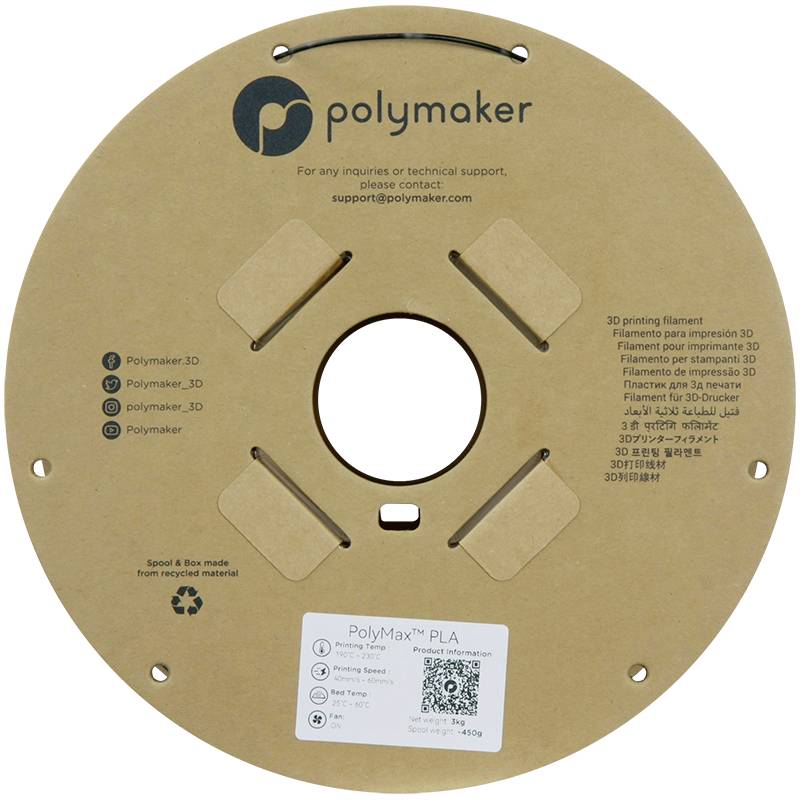 Rjava kolutica filamenta podjetja Polymaker iz recikliranega materiala. Vsebuje kontaktne podatke in QR-kodo. Besedilno opozorilo o uporabi za 3D-tisk.
