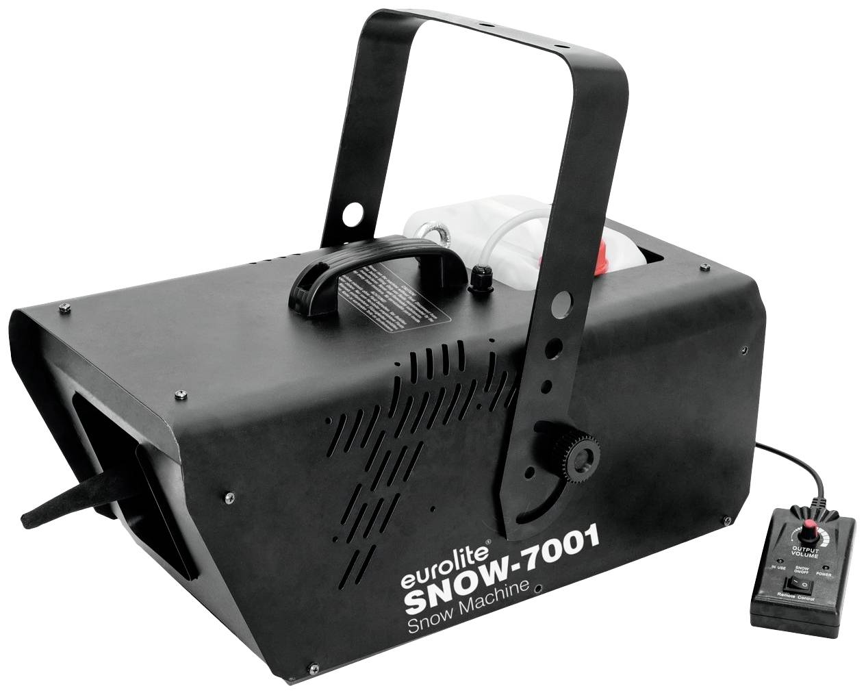 Snežni stroj 'eurolite SNOW-7001' z daljinskim upravljalnikom; črno ohišje, ročaj na vrhu, primeren za dogodke.